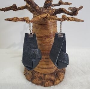 GENUINE Leather Black Dangle Knot Fish Hook Earrings Biker Harley Inspired